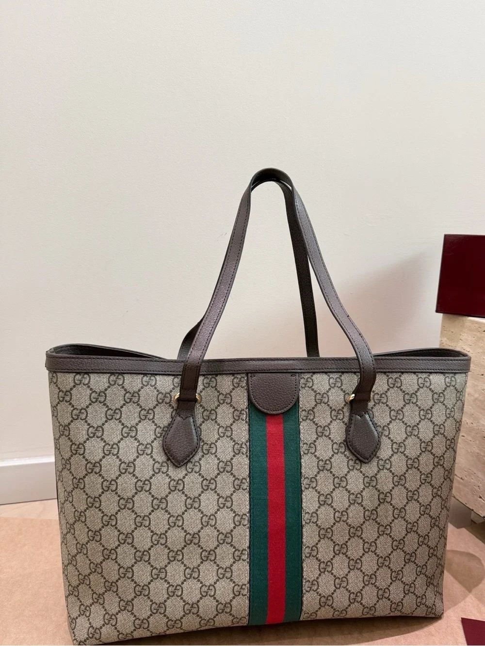 Gucci Ophidia Beige GG Canvas Tote with Green and Red Stripe